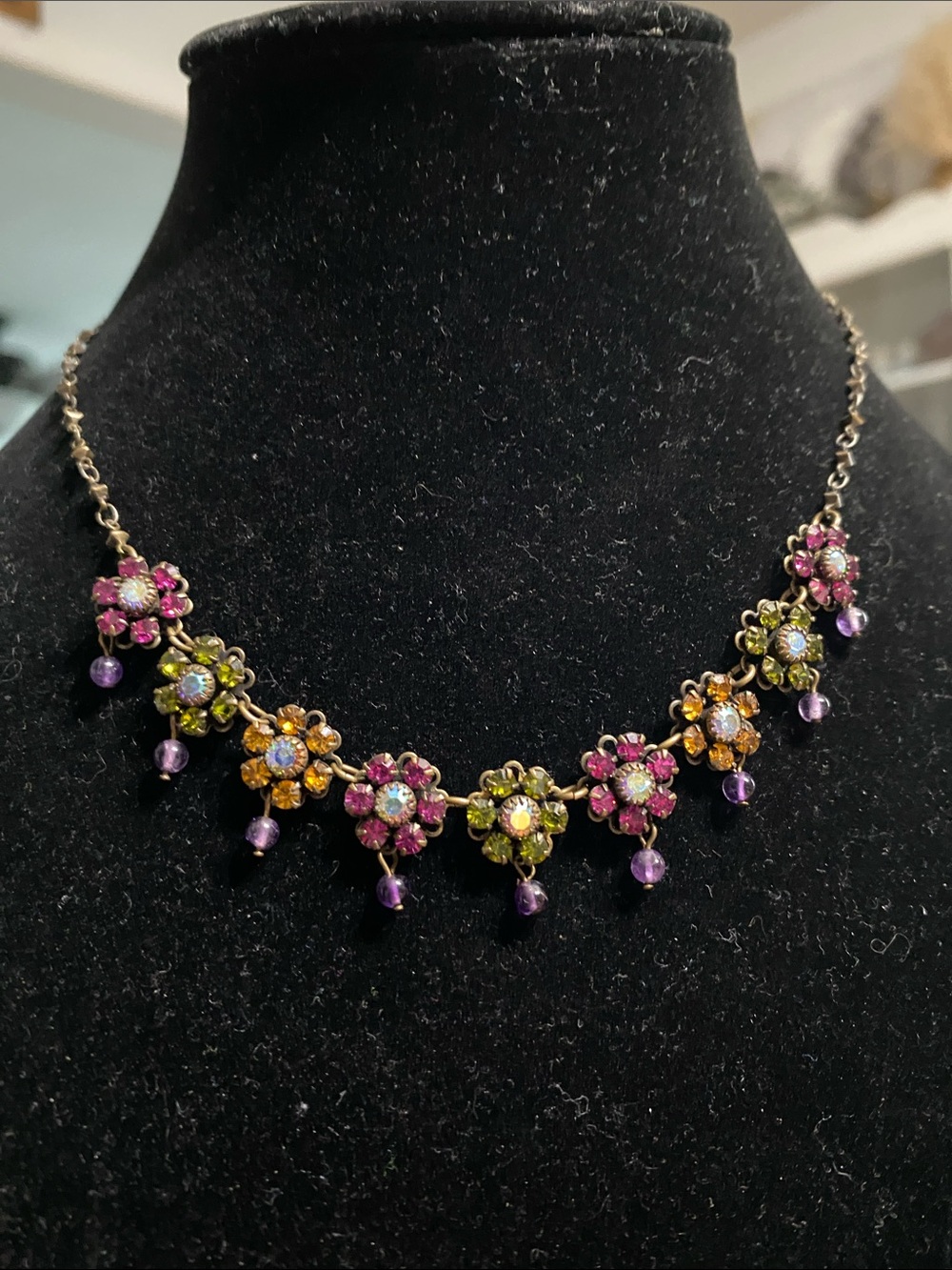 VTG Liz Palacios Floral Crystal Necklace with Purple Drops